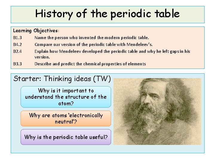 History of the periodic table Learning Objectives: B 1. 3 Name the person who