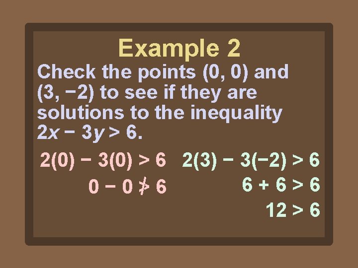 Example 2 Check the points (0, 0) and (3, − 2) to see if