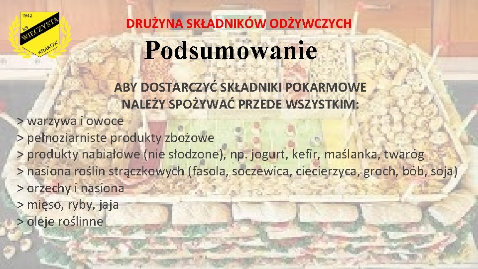DRUŻYNA SKŁADNIKÓW ODŻYWCZYCH Podsumowanie ABY DOSTARCZYĆ SKŁADNIKI POKARMOWE NALEŻY SPOŻYWAĆ PRZEDE WSZYSTKIM: > warzywa DRUŻYNA SKŁADNIKÓW ODŻYWCZYCH Podsumowanie ABY DOSTARCZYĆ SKŁADNIKI POKARMOWE NALEŻY SPOŻYWAĆ PRZEDE WSZYSTKIM: > warzywa