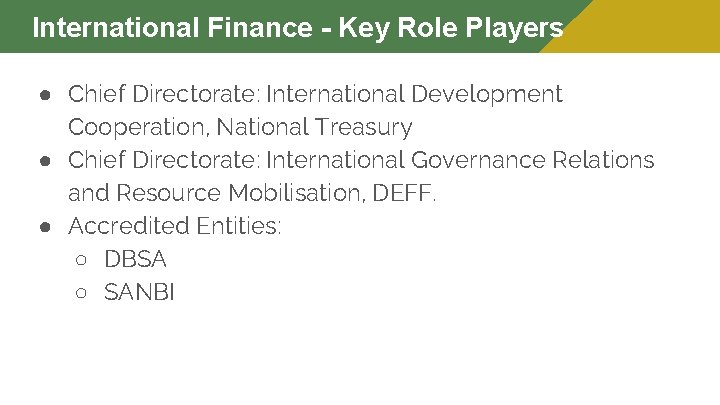International Finance - Key Role Players ● Chief Directorate: International Development Cooperation, National Treasury