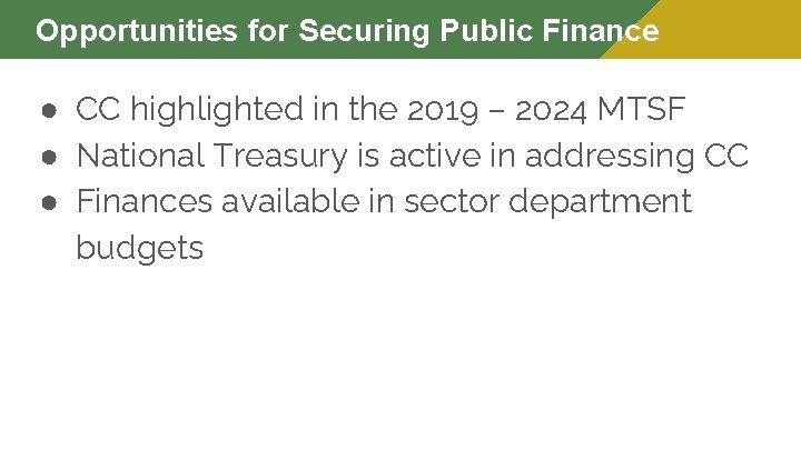 Opportunities for Securing Public Finance ● CC highlighted in the 2019 – 2024 MTSF