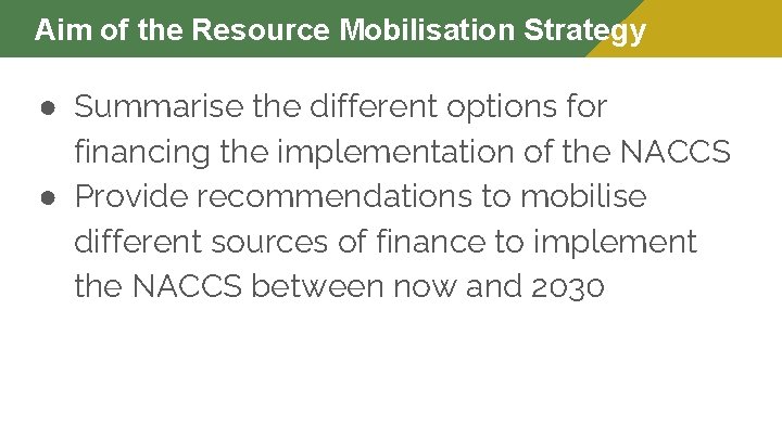 Aim of the Resource Mobilisation Strategy ● Summarise the different options for financing the