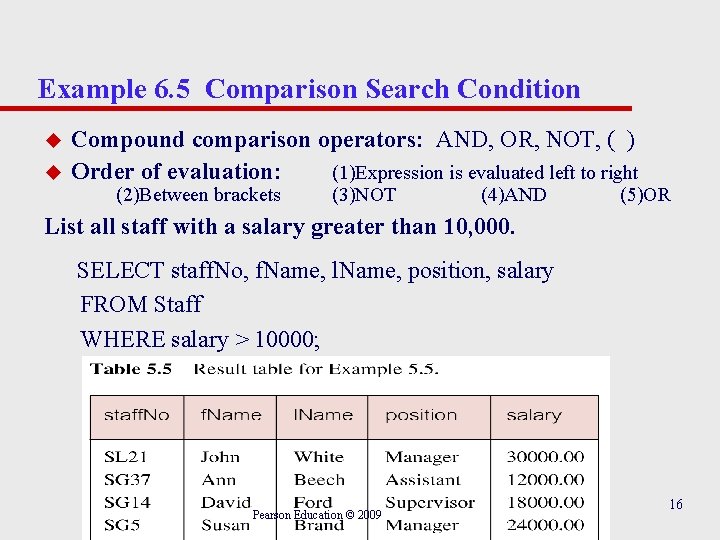 Example 6. 5 Comparison Search Condition u u Compound comparison operators: AND, OR, NOT,