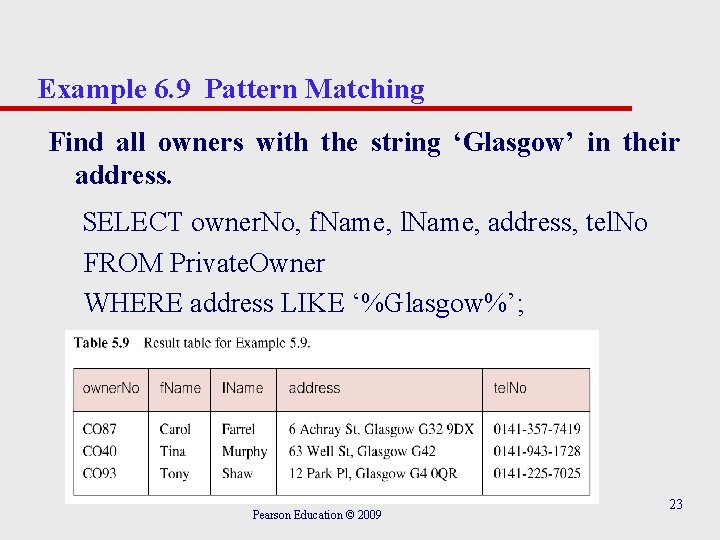 Example 6. 9 Pattern Matching Find all owners with the string ‘Glasgow’ in their