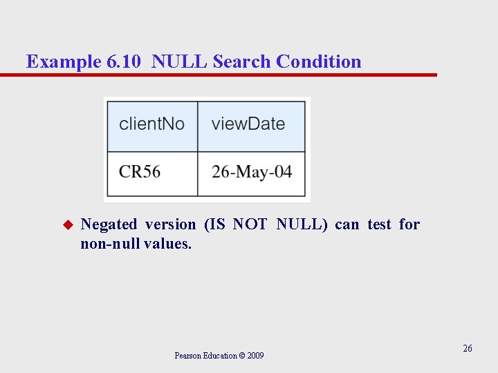 Example 6. 10 NULL Search Condition u Negated version (IS NOT NULL) can test