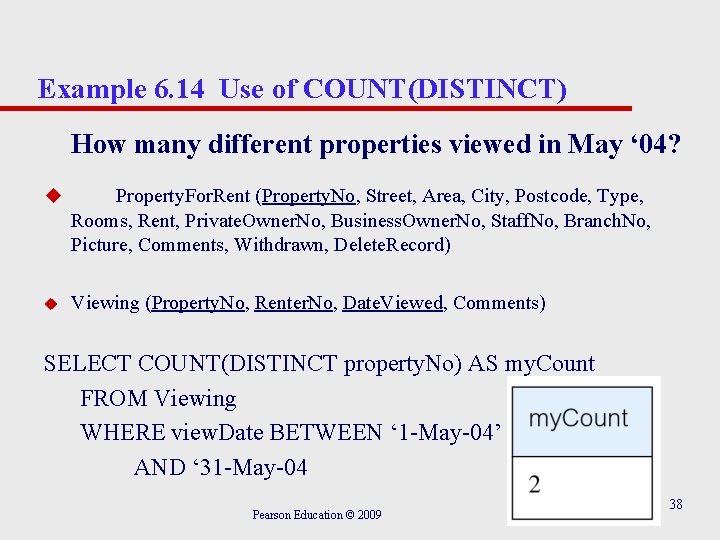 Example 6. 14 Use of COUNT(DISTINCT) How many different properties viewed in May ‘