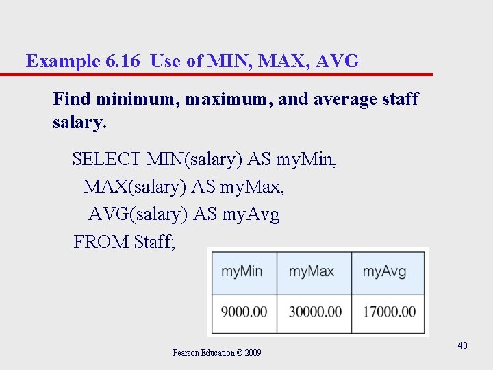 Example 6. 16 Use of MIN, MAX, AVG Find minimum, maximum, and average staff
