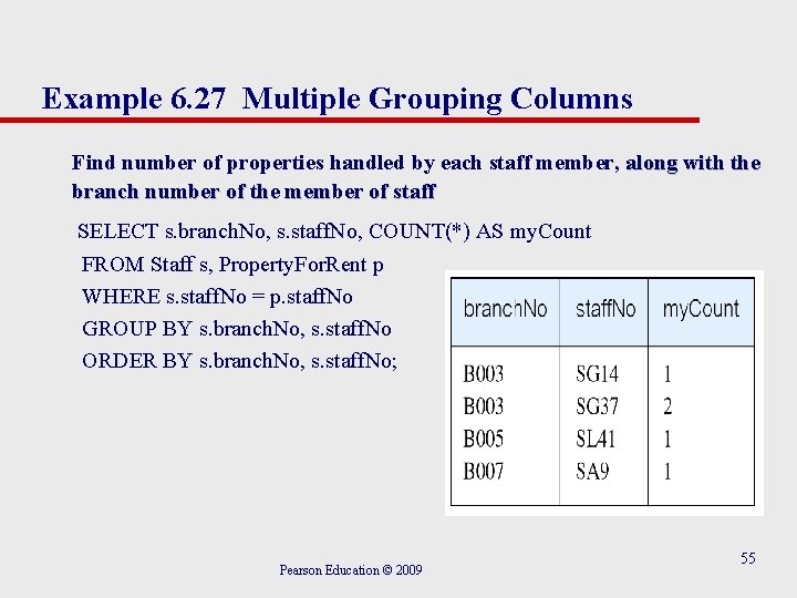 Example 6. 27 Multiple Grouping Columns Find number of properties handled by each staff