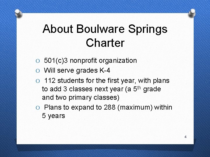 About Boulware Springs Charter O 501(c)3 nonprofit organization O Will serve grades K-4 O