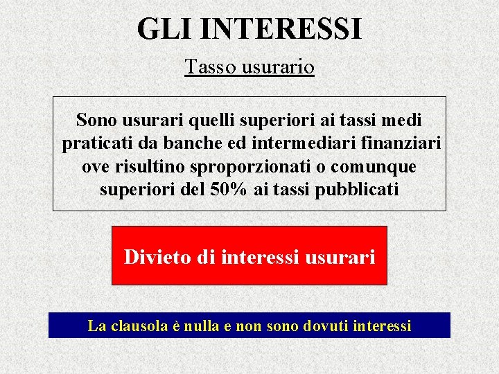 GLI INTERESSI Tasso usurario Sono usurari quelli superiori ai tassi medi praticati da banche