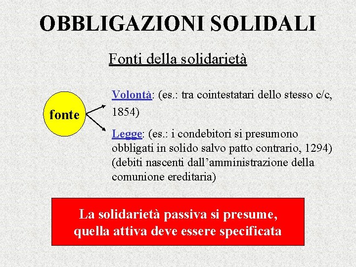 OBBLIGAZIONI SOLIDALI Fonti della solidarietà fonte Volontà: (es. : tra cointestatari dello stesso c/c,