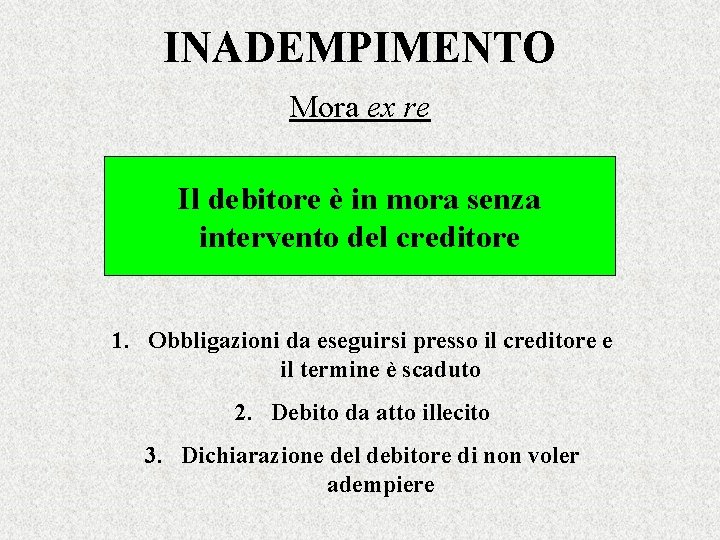 INADEMPIMENTO Mora ex re Il debitore è in mora senza intervento del creditore 1.