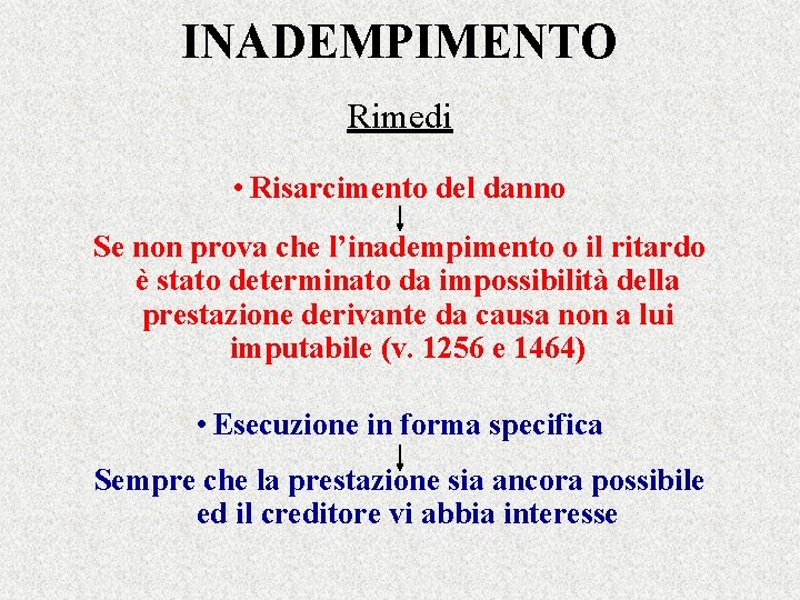 INADEMPIMENTO Rimedi • Risarcimento del danno Se non prova che l’inadempimento o il ritardo