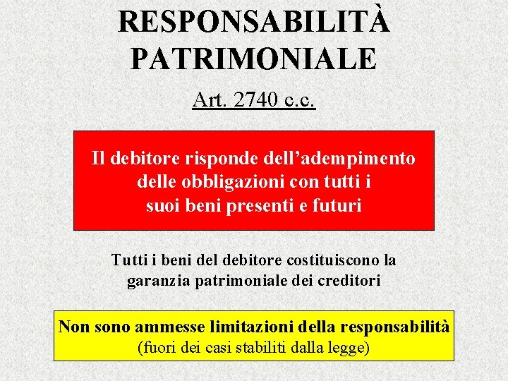 RESPONSABILITÀ PATRIMONIALE Art. 2740 c. c. Il debitore risponde dell’adempimento delle obbligazioni con tutti