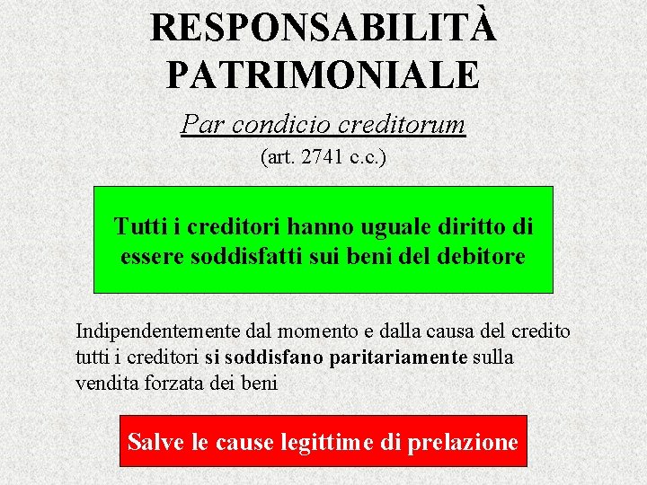 RESPONSABILITÀ PATRIMONIALE Par condicio creditorum (art. 2741 c. c. ) Tutti i creditori hanno