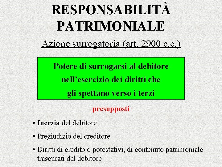 RESPONSABILITÀ PATRIMONIALE Azione surrogatoria (art. 2900 c. c. ) Potere di surrogarsi al debitore