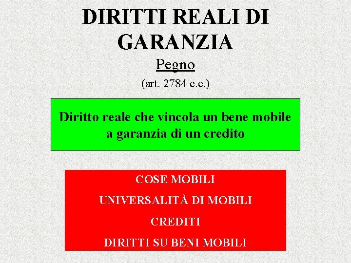 DIRITTI REALI DI GARANZIA Pegno (art. 2784 c. c. ) Diritto reale che vincola