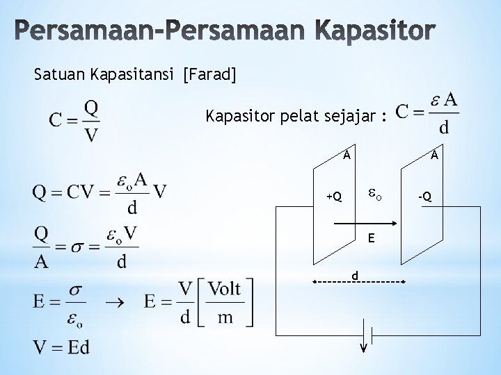 Satuan Kapasitansi [Farad] Kapasitor pelat sejajar : A A o +Q E d V