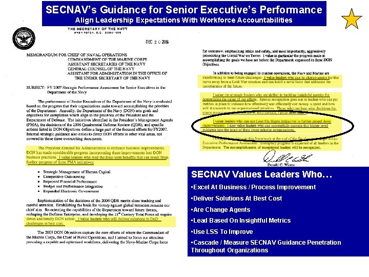 SECNAV’s Guidance for Senior Executive’s Performance Align Leadership Expectations With Workforce Accountabilities SECNAV Values