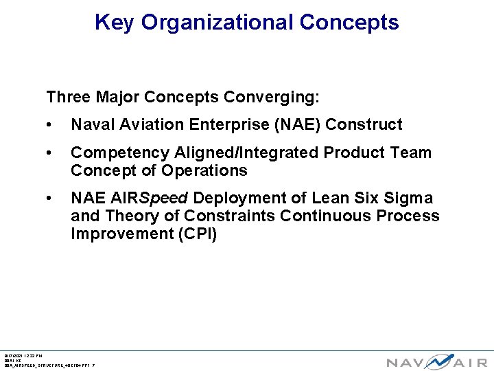 Key Organizational Concepts Three Major Concepts Converging: • Naval Aviation Enterprise (NAE) Construct •
