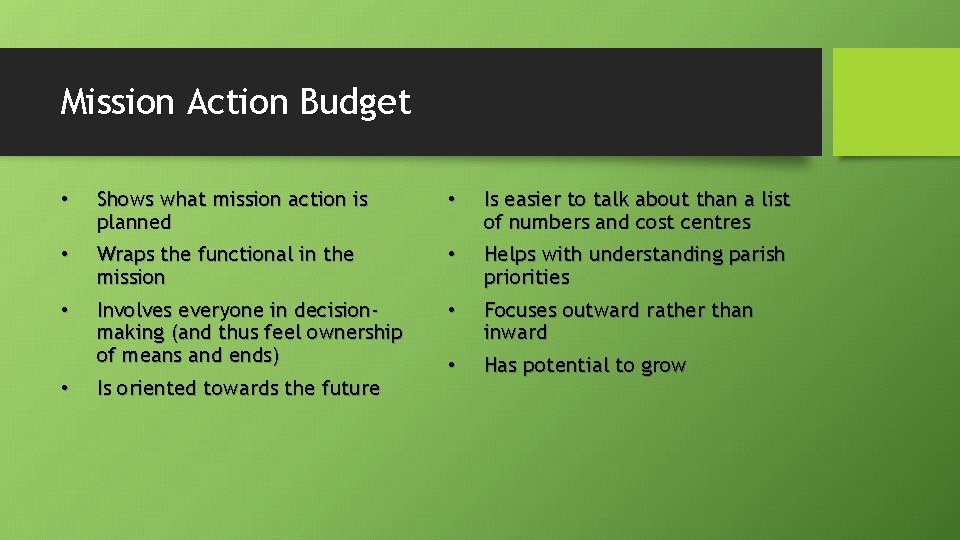 Mission Action Budget • Shows what mission action is planned • Is easier to