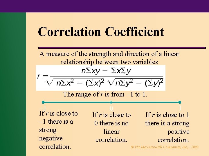 Correlation Coefficient A measure of the strength and direction of a linear relationship between