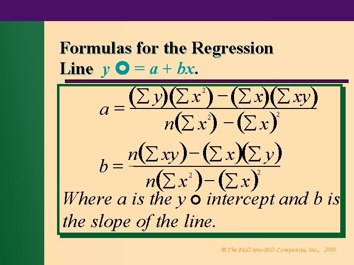 Formulas for the Regression Line y = a + bx. y x x xy
