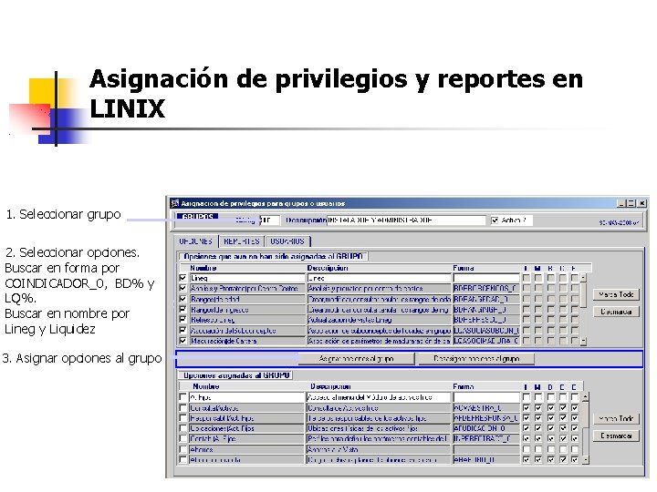 Asignación de privilegios y reportes en LINIX 1. Seleccionar grupo 2. Seleccionar opciones. Buscar