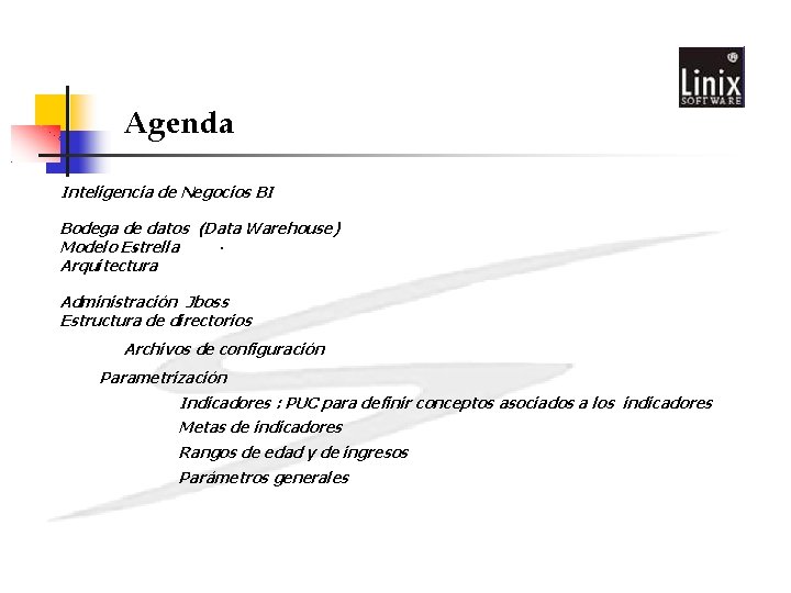 Agenda Inteligencia de Negocios BI Bodega de datos (Data Warehouse) Modelo Estrella Arquitectura Administración