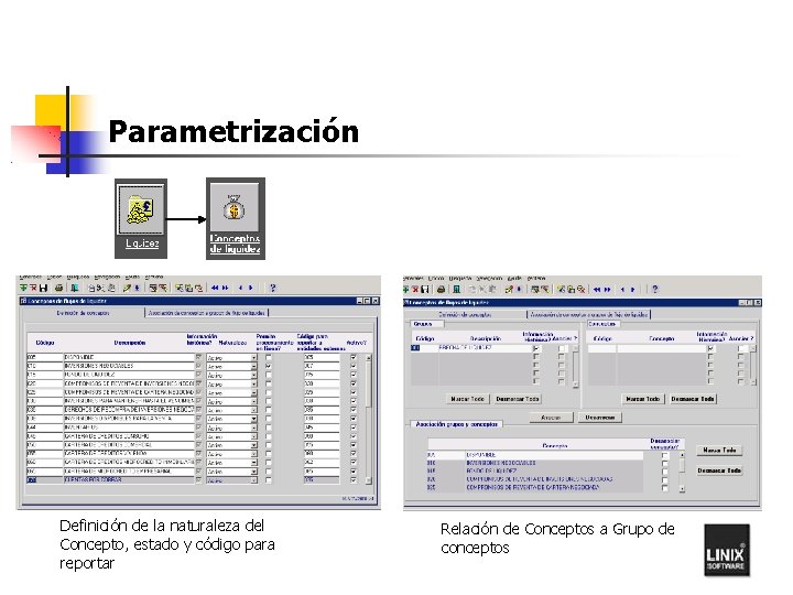 Parametrización Definición de la naturaleza del Concepto, estado y código para reportar Relación de