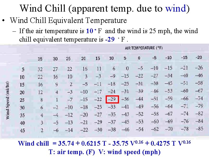 Wind Chill (apparent temp. due to wind) • Wind Chill Equivalent Temperature – If