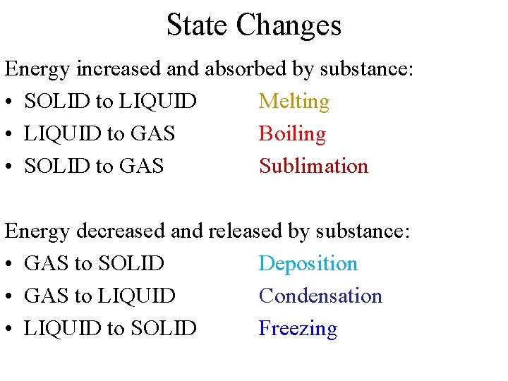 State Changes Energy increased and absorbed by substance: • SOLID to LIQUID Melting •