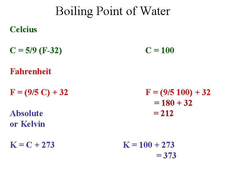 Boiling Point of Water Celcius C = 5/9 (F-32) C = 100 Fahrenheit F