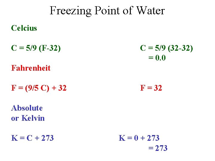 Freezing Point of Water Celcius C = 5/9 (F-32) C = 5/9 (32 -32)