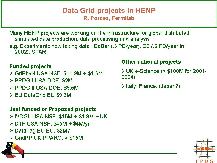 Data Grid projects in HENP R. Pordes, Fermilab Many HENP projects are working on