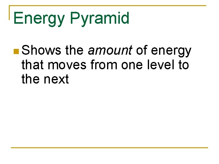 Energy Pyramid n Shows the amount of energy that moves from one level to