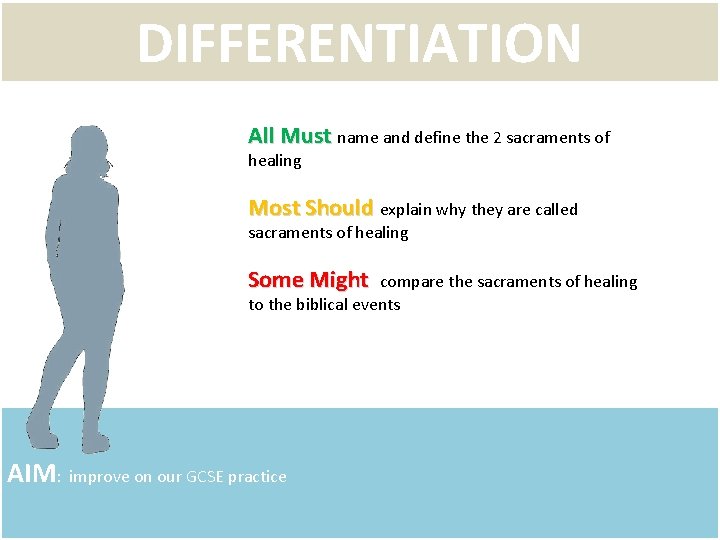 DIFFERENTIATION All Must name and define the 2 sacraments of healing Most Should explain