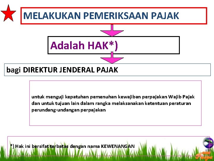 MELAKUKAN PEMERIKSAAN PAJAK Adalah HAK*) bagi DIREKTUR JENDERAL PAJAK untuk menguji kepatuhan pemenuhan kewajiban