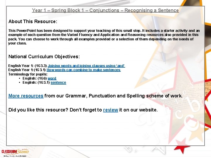 Year 1 – Spring Block 1 – Conjunctions – Recognising a Sentence About This