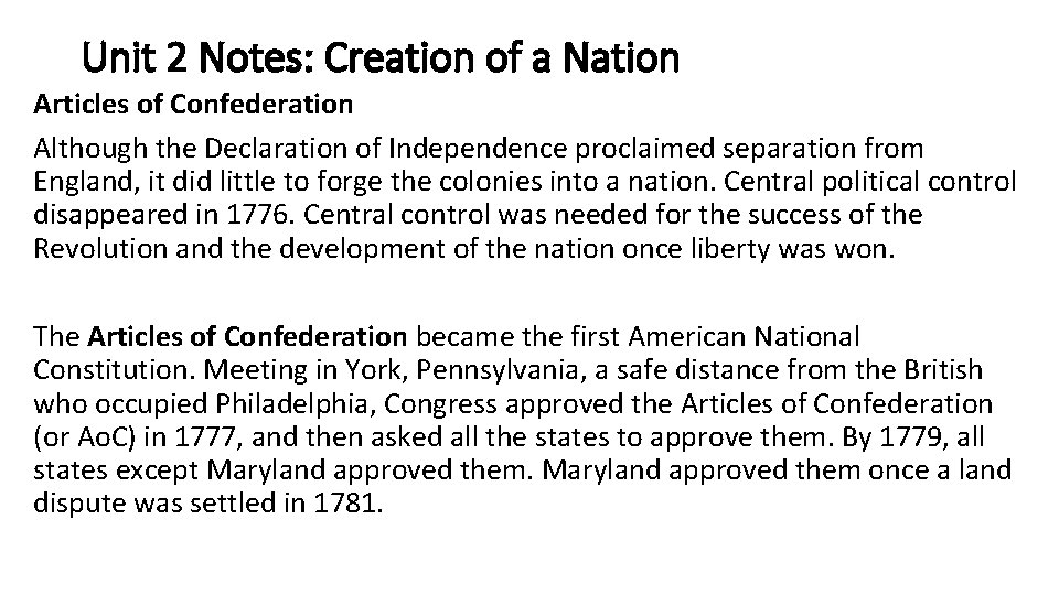 Unit 2 Notes Creation of a Nation Articles