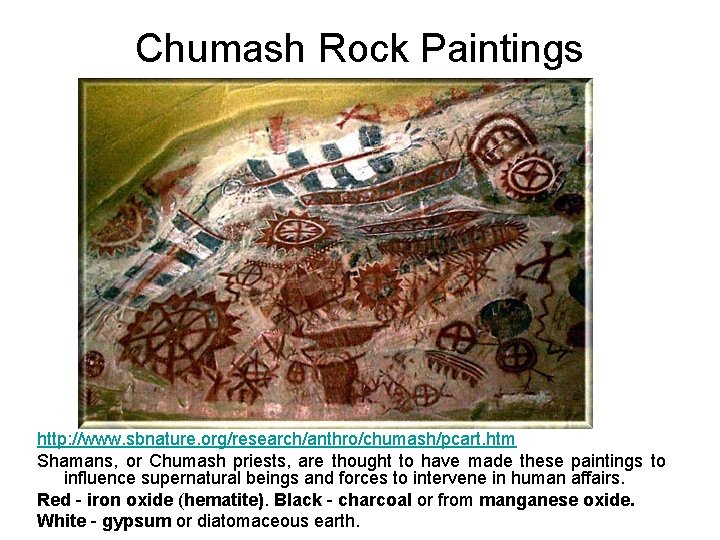 Chumash Rock Paintings http: //www. sbnature. org/research/anthro/chumash/pcart. htm Shamans, or Chumash priests, are thought