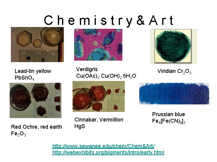 Chemistry&Art Verdigris Cu(OAc)2 Cu(OH)2 5 H 2 O Lead-tin yellow Pb. Sn. O 4