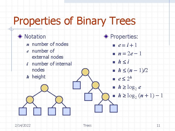 Properties of Binary Trees Notation Properties: n e = i + 1 n n