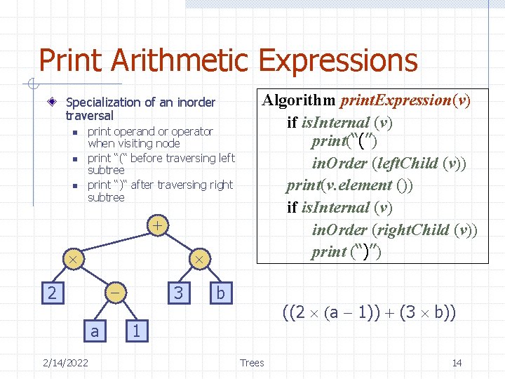 Print Arithmetic Expressions Specialization of an inorder traversal n n n print operand or