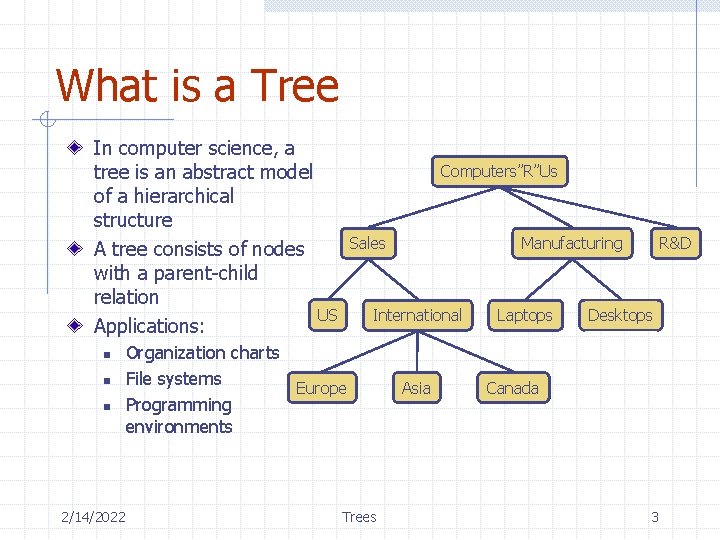 What is a Tree In computer science, a tree is an abstract model of