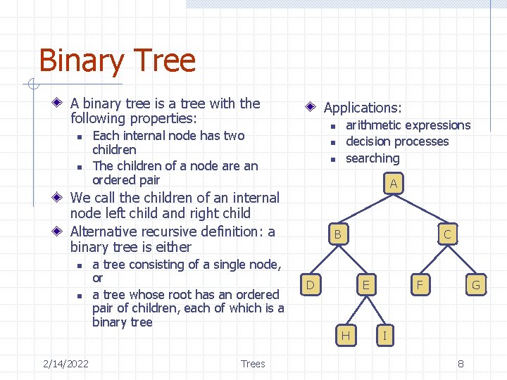 Binary Tree A binary tree is a tree with the following properties: n n