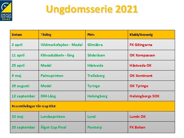 Ungdomsserie 2021 Datum Tävling Plats Klubb/Ansvarig 2 april Vildmarksfejden - Medel Glimåkra FK Göingarna