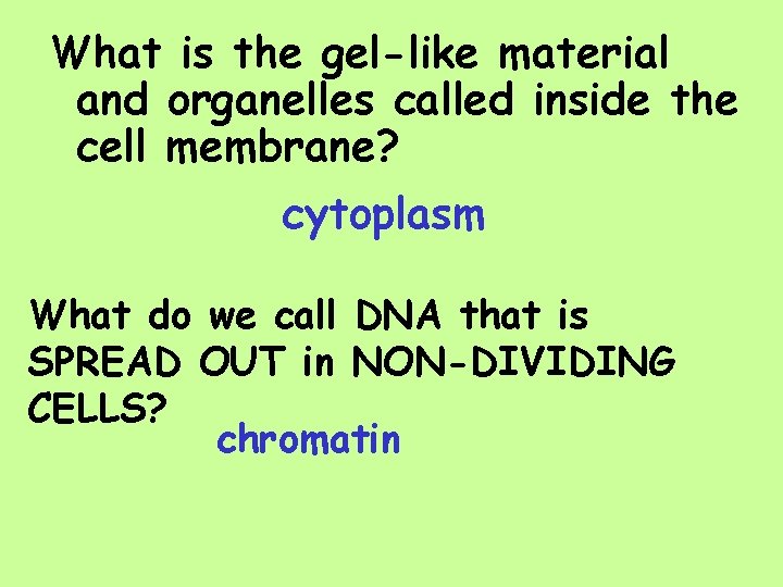 What is the gel-like material and organelles called inside the cell membrane? cytoplasm What