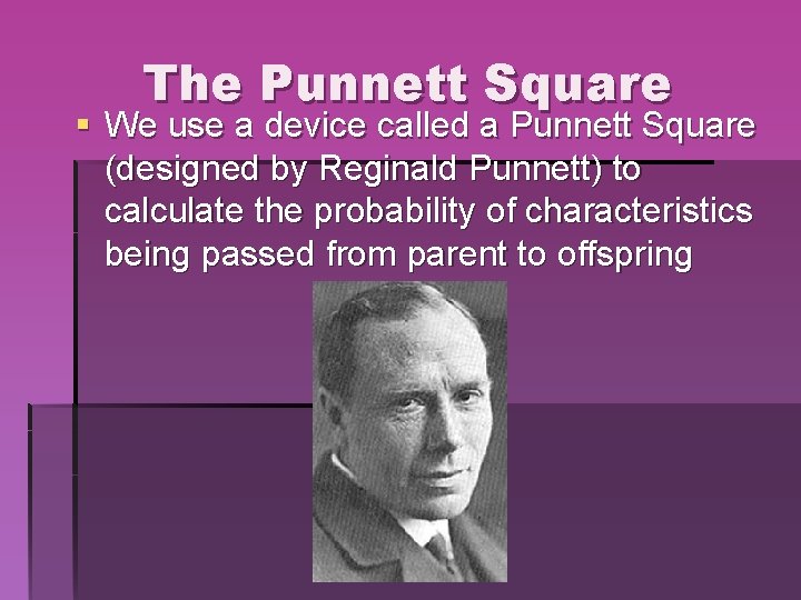 The Punnett Square § We use a device called a Punnett Square (designed by The Punnett Square § We use a device called a Punnett Square (designed by