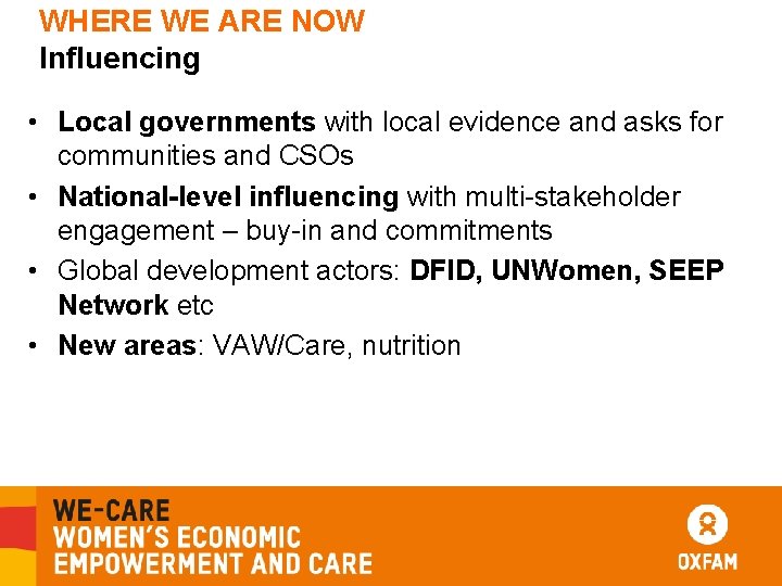 WHERE WE ARE NOW Influencing • Local governments with local evidence and asks for